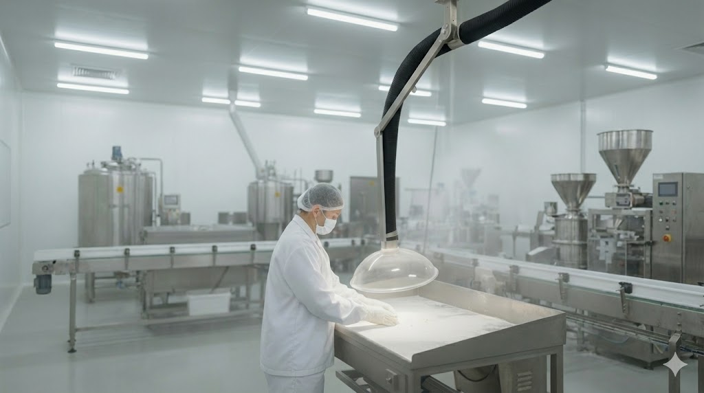 食品工場での粉体・蒸気の局所吸引