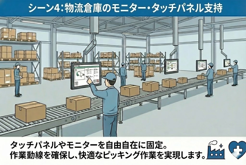 物流倉庫でのタッチパネル支持シーン